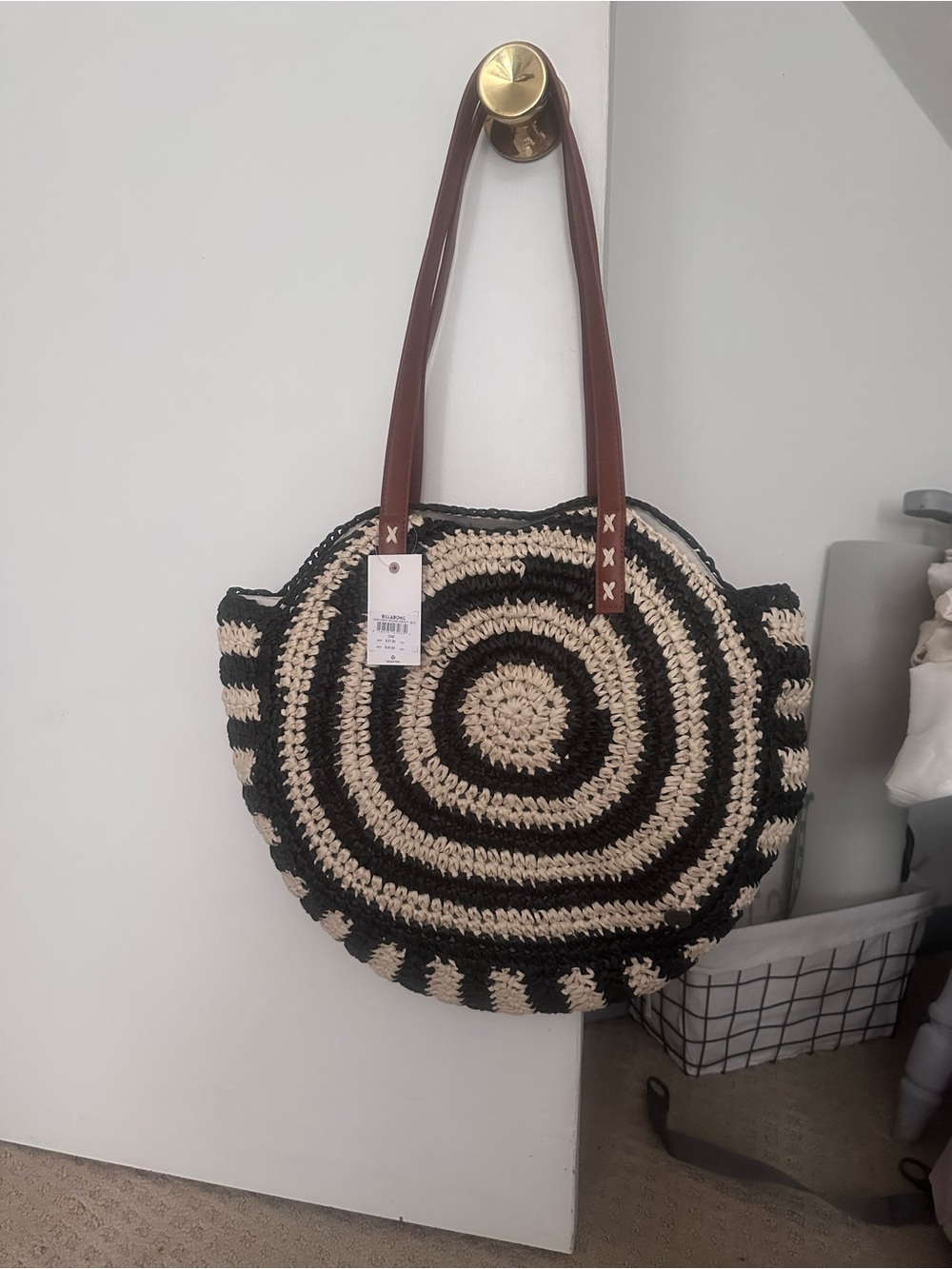 Billabong Black and Cream Round Crochet Tote with Brown Straps